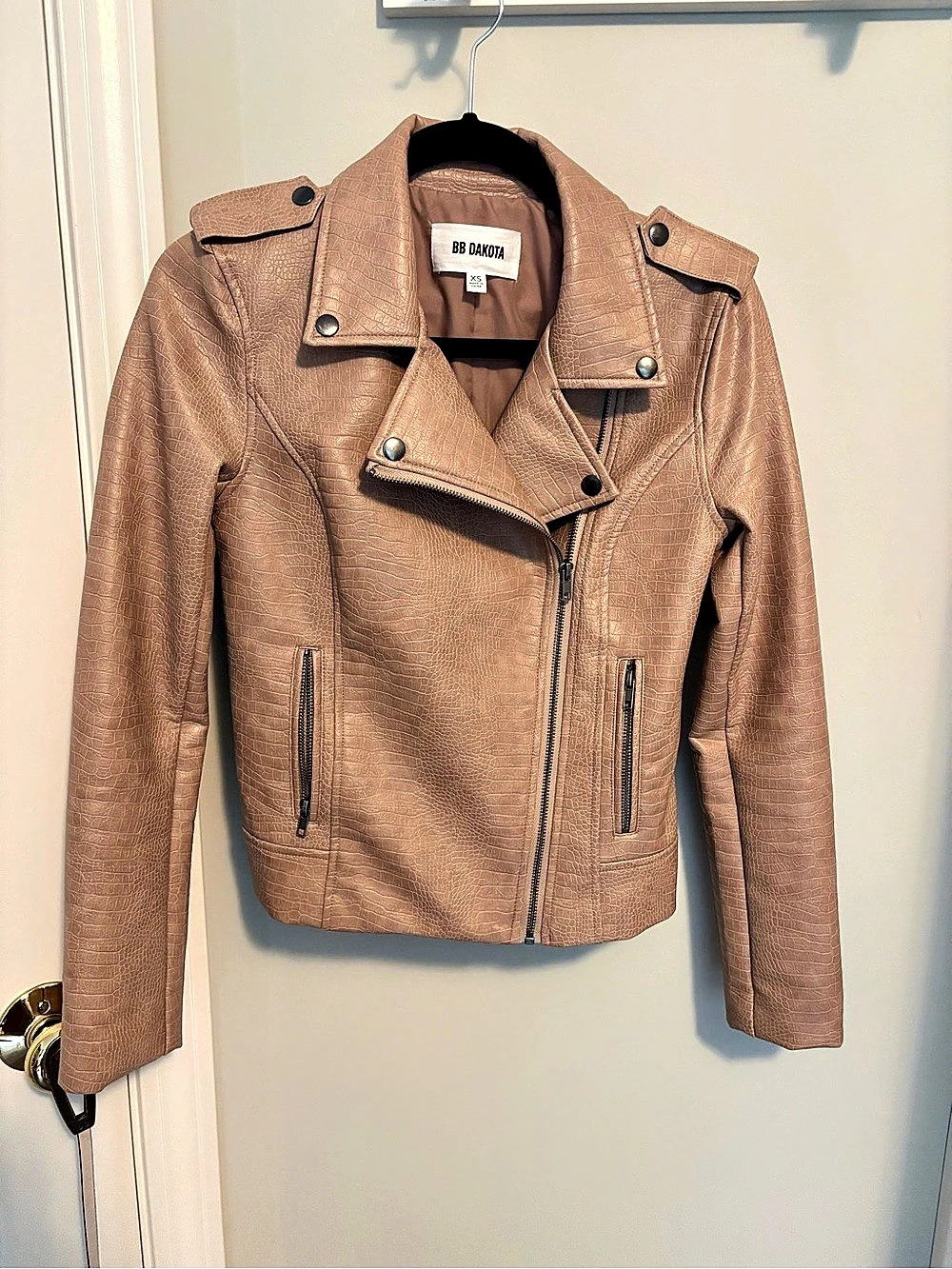 BB Dakota Taupe Faux Leather Croc-Embossed Moto Jacket Brown XS